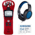 Zoom H1n 2-Input / 2-Track Portable Digital Handy Recorder - Red with Samson SR350 Stereo Headphones and Samsung 64GB EVO Plus microSDXC Memory Card